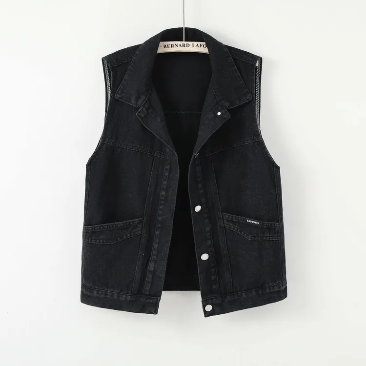 黑色牛仔马甲女大码装春秋季新款宽松休闲翻领背心坎肩马夹子外套