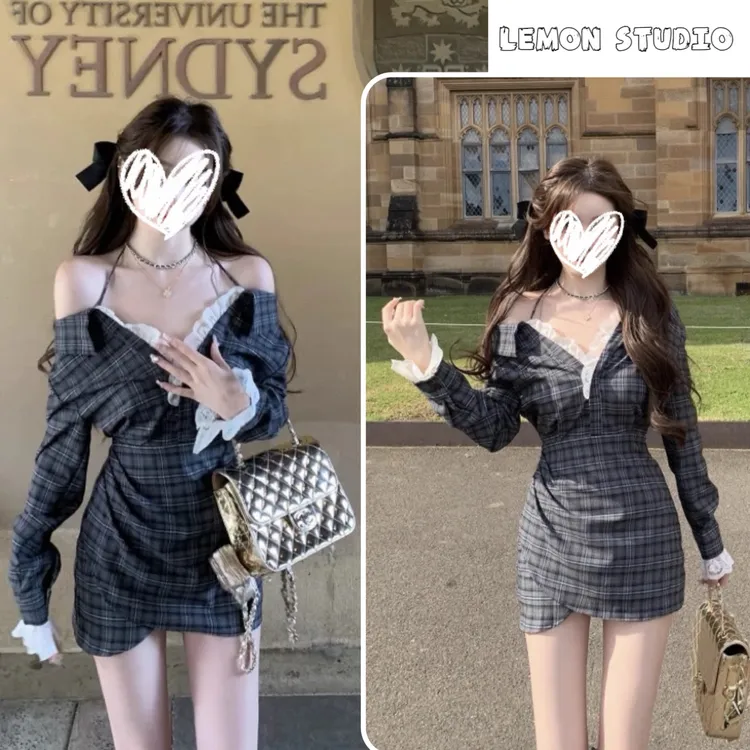 设计感辣妹蕾丝拼接一字肩连衣裙女秋季千金风格纹长袖衬衫短裙子