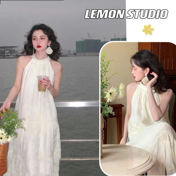 复古杏色蕾丝挂脖连衣裙海边度假性感无袖露肩大摆长裙子女连衣裙