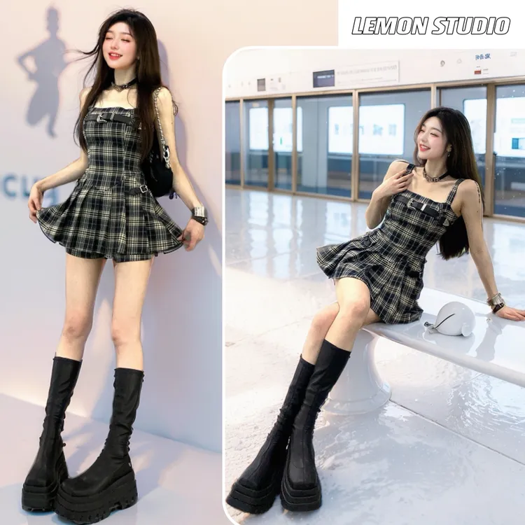 辣妹复古格纹修身显瘦吊带连衣裙高腰安全打底裤2025夏季套装女