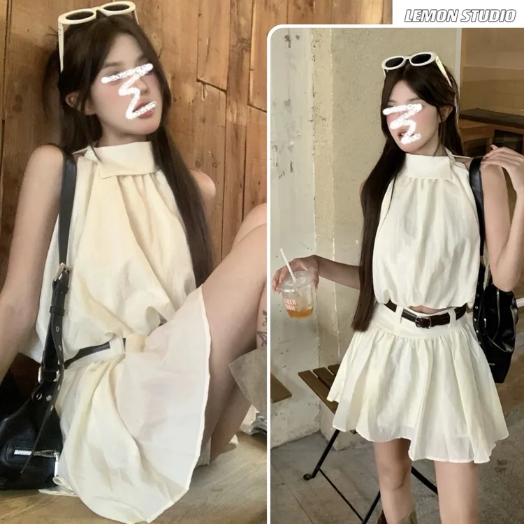 时尚套装女夏季露肩无袖挂脖吊带衬衫显瘦A字半身裙甜辣两件套潮