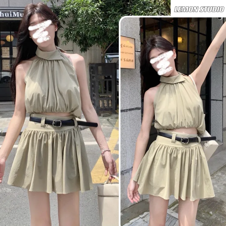 2024夏季新款气质显瘦高级感简约时尚无袖上衣+半身裙三件套装女
