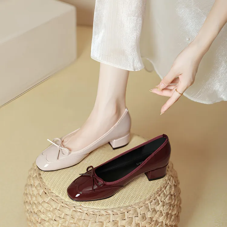 3cm法式低跟单鞋浅口红色蝴蝶结春秋女鞋2025年新款鞋粗跟3268-21