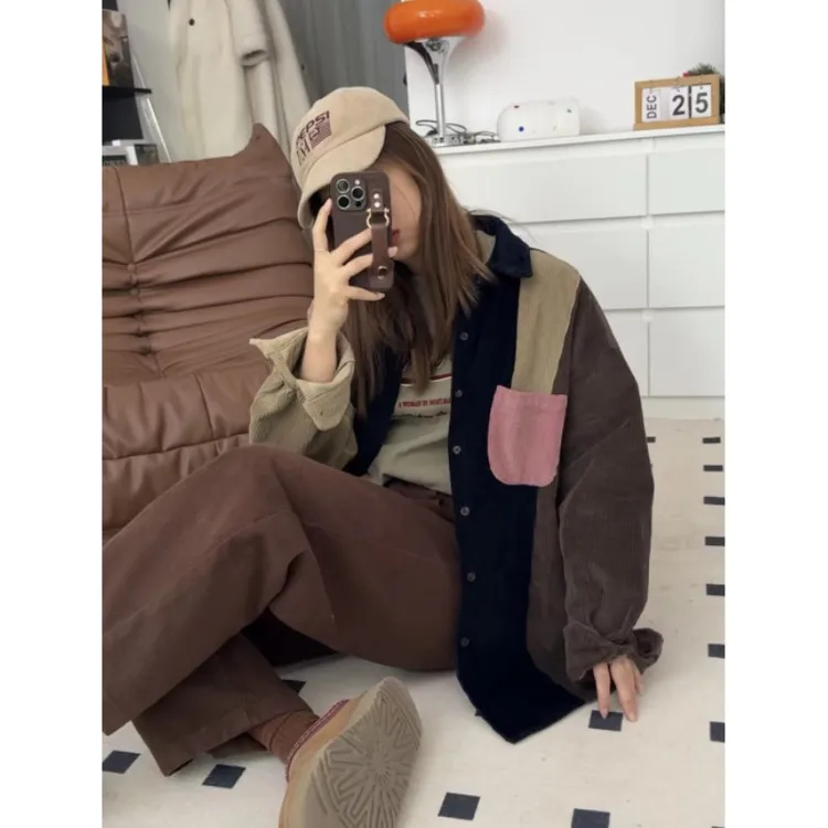 ACRAB 新款 美式复古拼色撞色拼接秋冬灯芯绒加厚衬衫外套