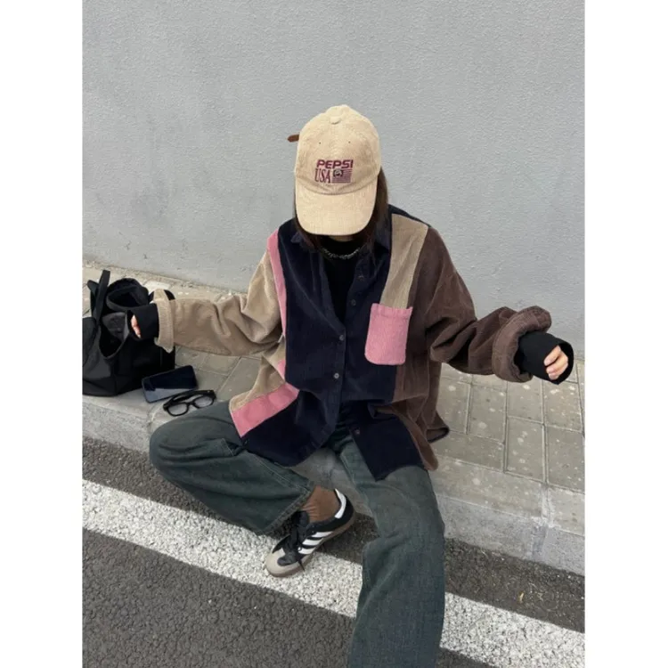 ACRAB 新款 美式复古拼色撞色拼接秋冬灯芯绒加厚衬衫外套