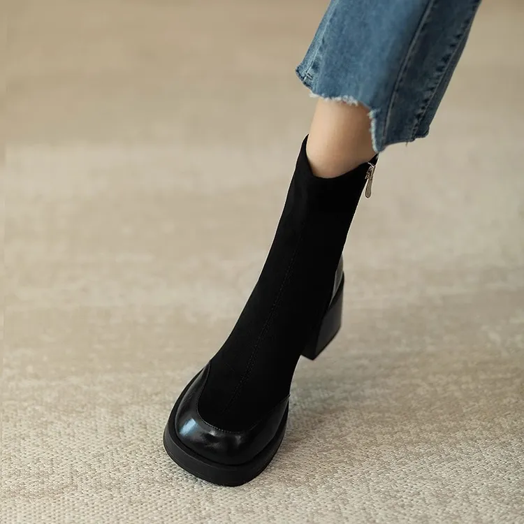 黑色法式复古百搭短靴女2024新款超火弹力瘦瘦单靴厚底粗跟袜子靴