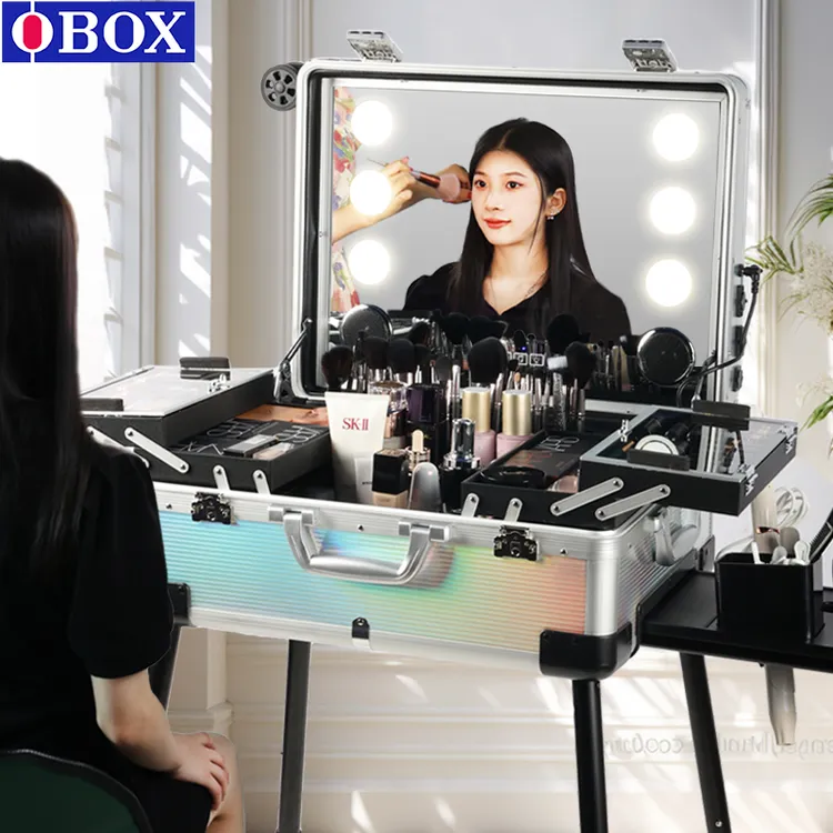 【复合板】OBOX高端专业化妆师带LED灯光镜子大容量便携拉杆跟妆箱