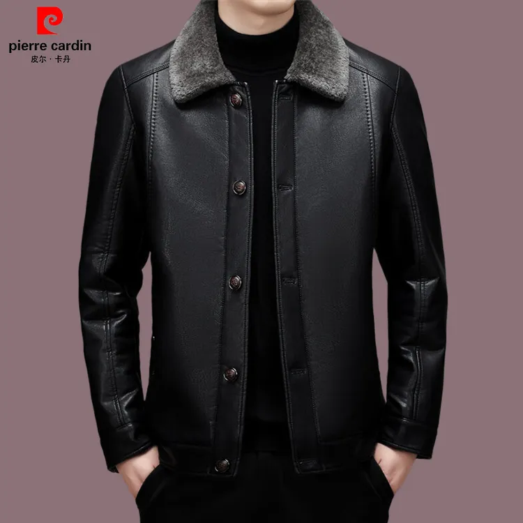 皮尔卡丹官方正品冬季男士加绒加厚皮衣高档长袖休闲外套时尚百搭