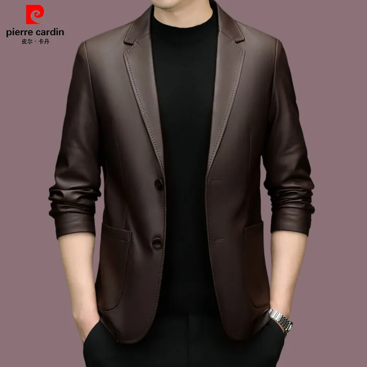 皮尔卡丹【羽绒内胆】秋冬男士休闲时尚西服皮衣青年潮流皮衣外套男