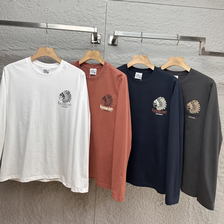 HK订单！春秋季外贸男士美式印第安印花柔软水洗磨毛圆领长袖T恤