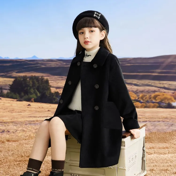 高端定制女童双面羊绒大衣外套男童呢子大衣中长款大童秋冬款风衣