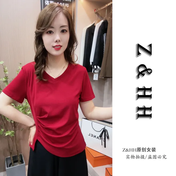 新款v领正肩短袖T恤女夏设计感不规则修身褶皱遮肚显瘦百搭上衣潮