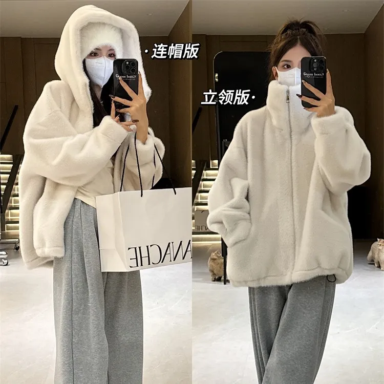 秋冬加厚水貂绒外套女连帽立领皮毛一体毛毛外套韩版休闲宽松大衣