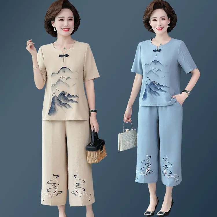 中老年妈妈夏装印花套装洋气减龄5060岁中年女宽松上衣裤子两件套