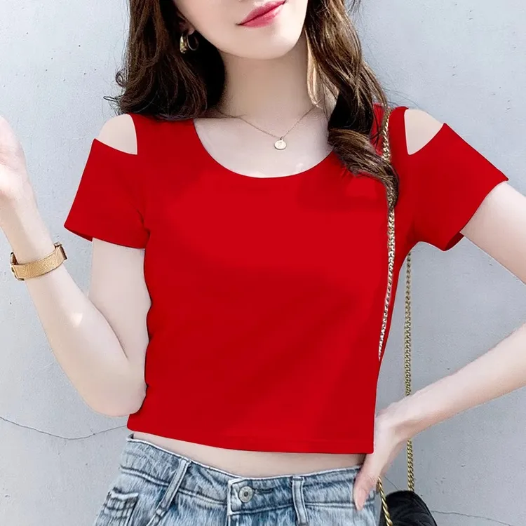 短袖t恤女短款设计感小众露肩上衣女红色露脐2025年新款夏季