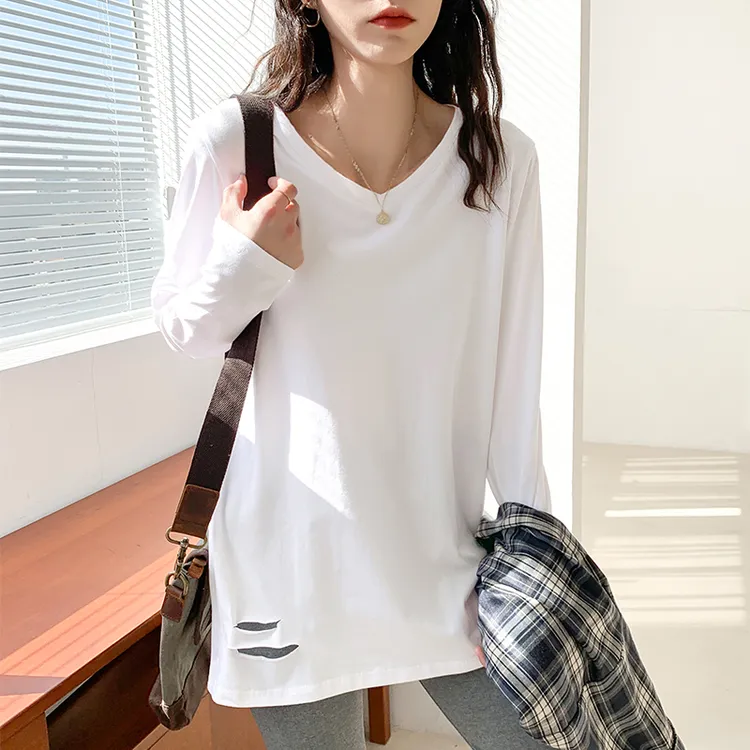 白色打底衫女内搭卫衣叠穿2025春新款女装中长v领长袖上衣宽松t恤