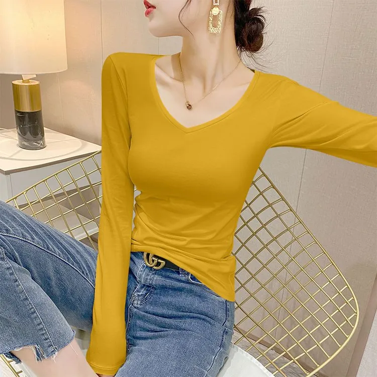 黄色长袖t恤女2025春秋季新款修身显瘦内搭v领打底衫纯棉上衣体恤