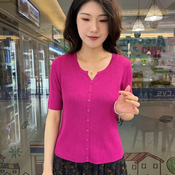 纯色百搭V领坑条冰丝针织短袖T恤女2025夏新款修身显瘦小开衫上衣