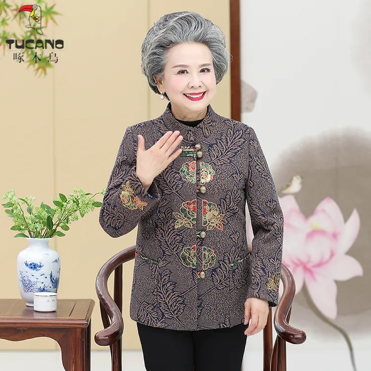 啄木鸟中老年秋冬款刺绣洋气外套奶奶装老太太衣服加厚开衫高档款