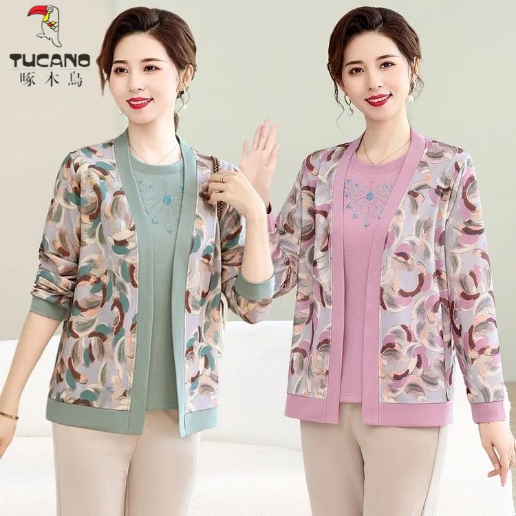 啄木鸟妈妈装春秋款真两件套中老年洋气上衣开衫披肩套装可穿三季