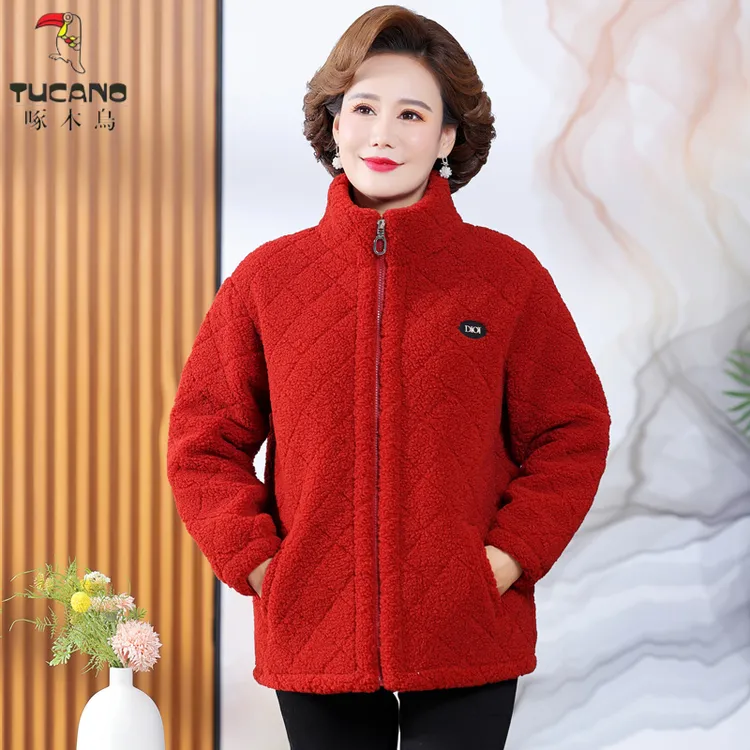 啄木鸟中老年妈妈秋冬加绒加厚保暖棉衣加厚颗粒绒外套粒绒上衣