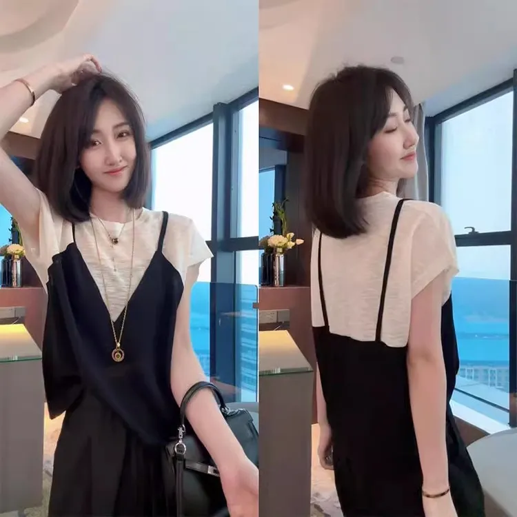 撞色拼接假两件T恤女夏韩版设计感百搭休闲时尚减龄显瘦纯棉上衣