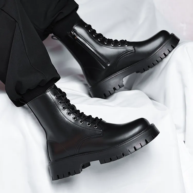 侧拉链马丁靴英伦风中帮短靴高帮皮靴机车靴工装靴秋冬加绒男靴子