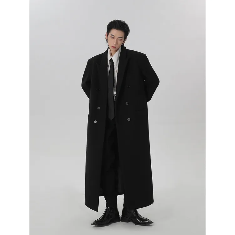 HARH“心软的神” 定制款 原创垫肩风衣外套冬季廓形黑色毛呢大衣