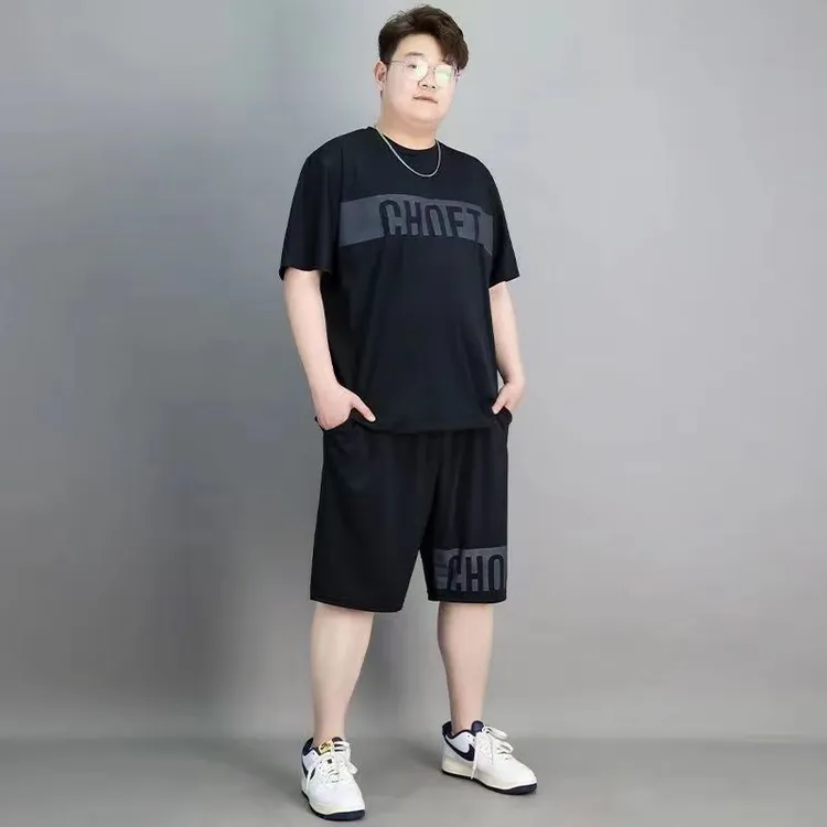大码男士夏季冰丝运动休闲套装速干潮流印花圆领宽松加肥加大薄款