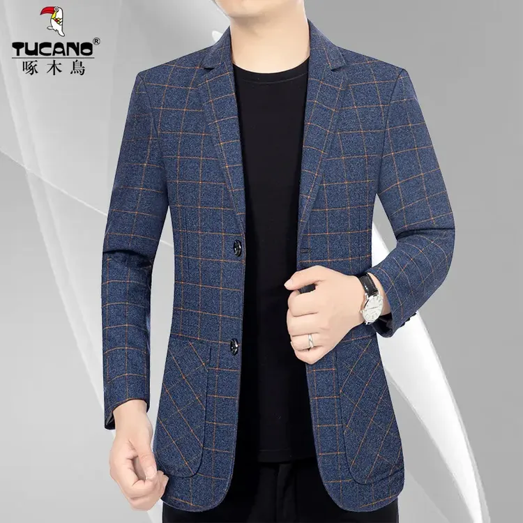 啄木鸟西服男士休闲格子西服外套中年商务男西装修身上衣春秋男装