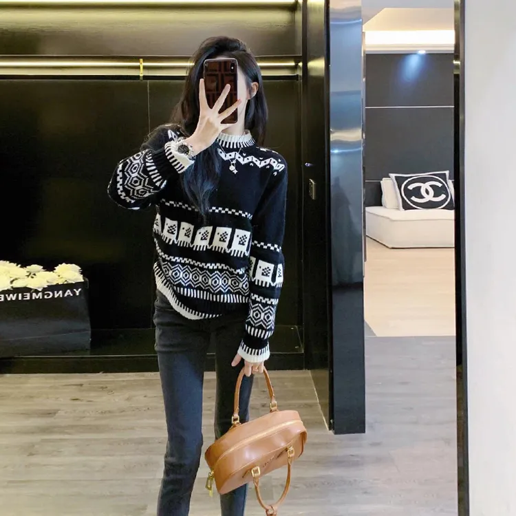 【费尔岛提花毛衣】撞色提花毛衣女秋冬慵懒风宽松短款圆领针织上衣