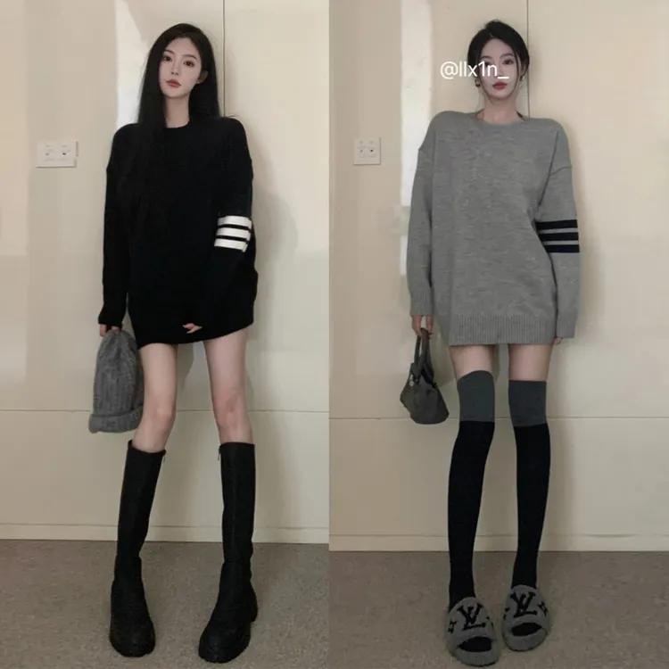 美式复古慵懒风黑色毛衣女秋冬百搭韩版洋气宽松显瘦针织衫中长款