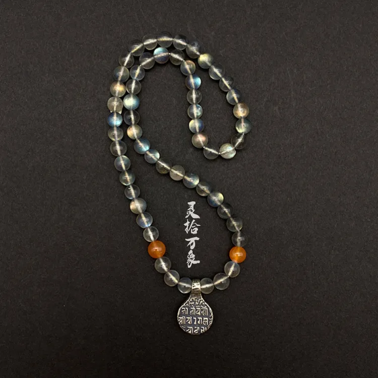 灵拾原创 天然灰月光石手链女款高冰种拉长石两双圈手串藏文925银