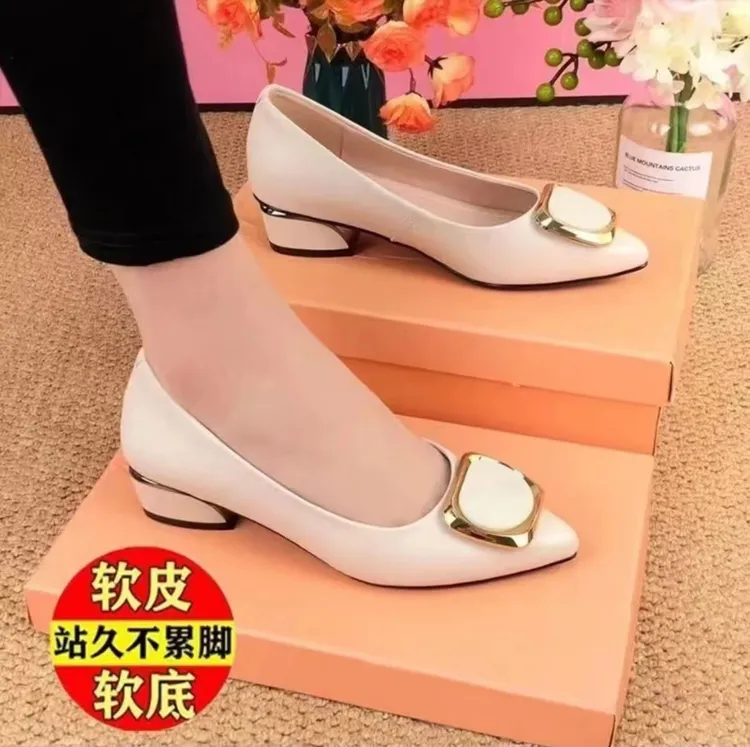2024新款软女款皮鞋中跟粗跟方根夏季单鞋气质时尚浅口尖头工作鞋