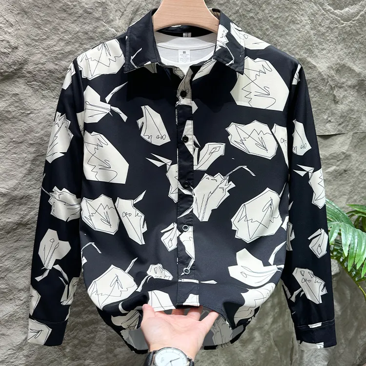 秋季新款印花长袖衬衫男港风日系个性设计高级感痞帅衬衣宽松外套