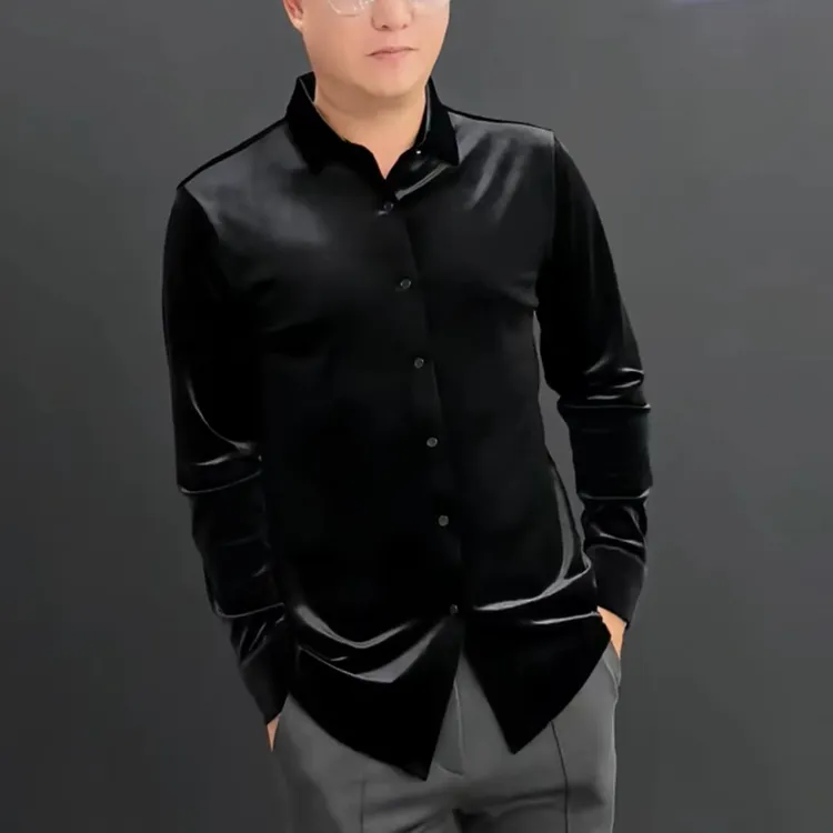 男士长袖衬衫秋冬季新款轻奢高品质金丝绒衬衣简约百搭修身上衣男