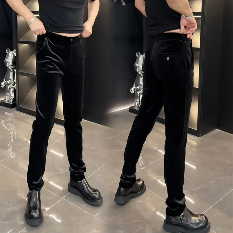 男士休闲裤秋冬季新款高端金丝绒欧货修身弹力男裤时尚百搭小脚裤
