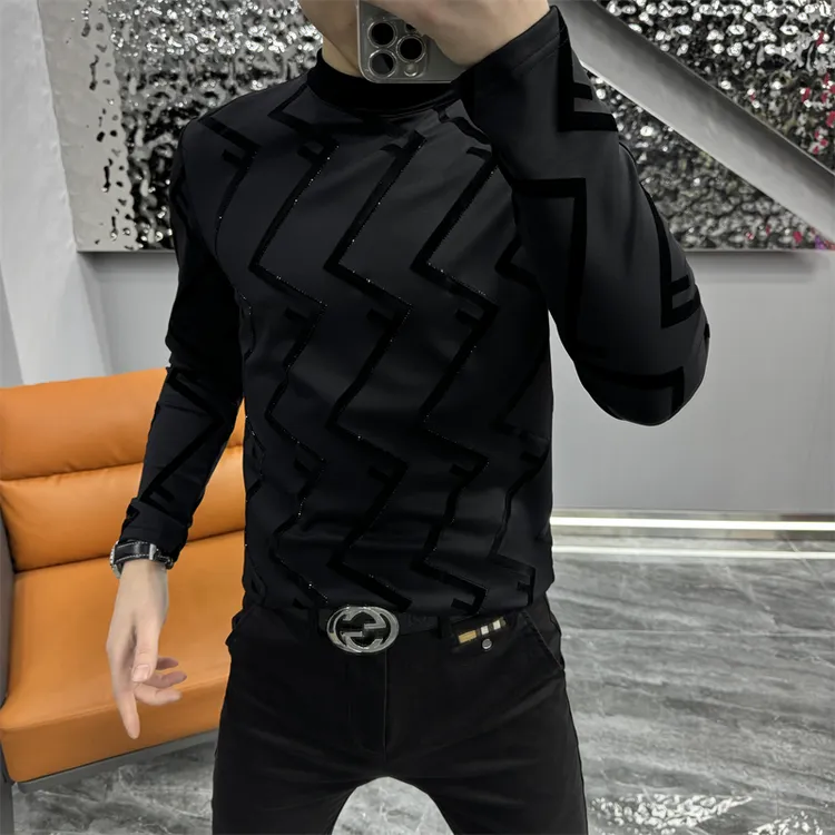 长袖T恤男秋冬新款时尚轻奢条纹植绒圆领打底衫修身百搭休闲体恤