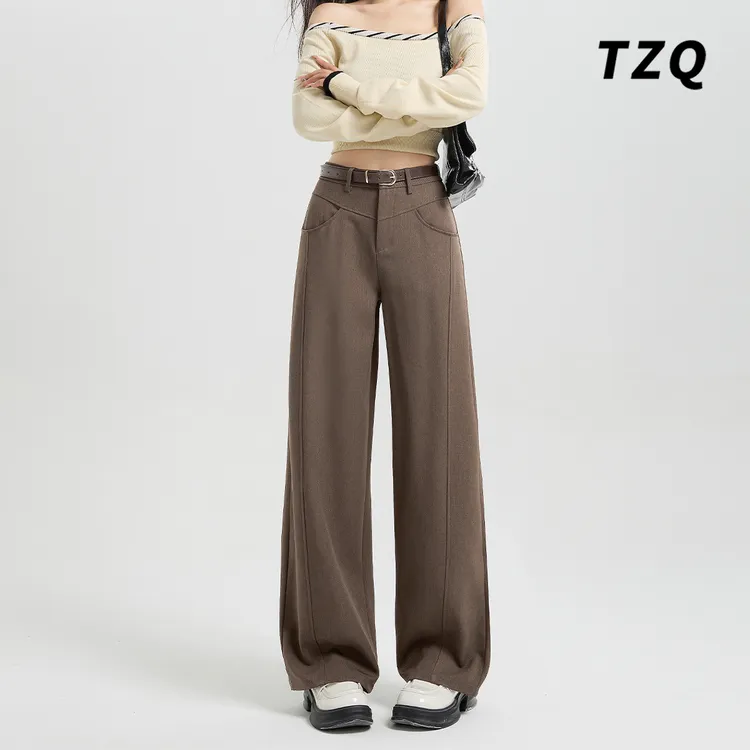 韩系简约时尚休闲裤女秋冬款2024高腰直筒百搭阔腿裤子 TZQ102448