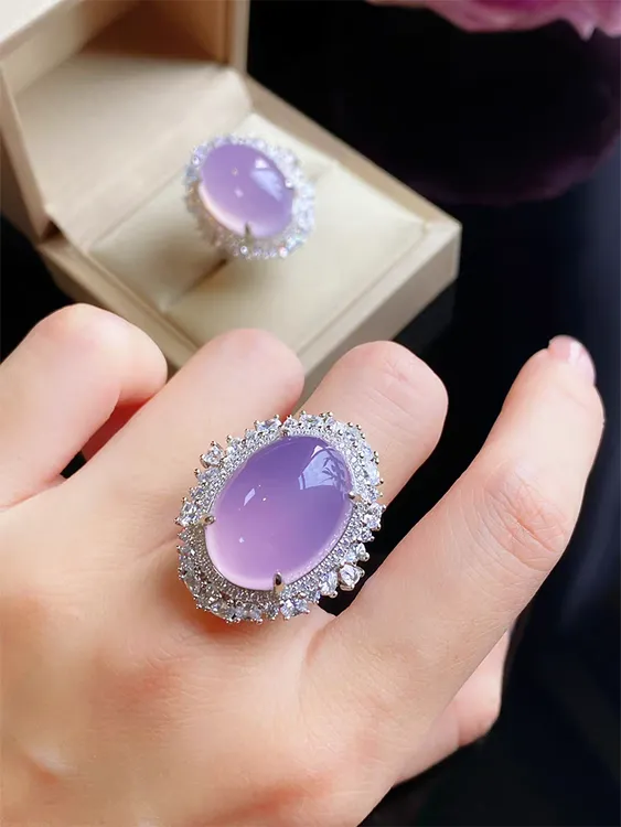 云上玉石假一赔四大鸽子蛋戒指珠宝紫色上等玉戒指高级感生日礼物