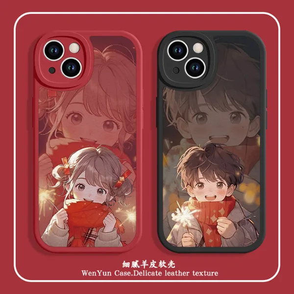 适用苹果15/华为mate60/小米14/oppo/vivo烟花情侣新年红色手机壳