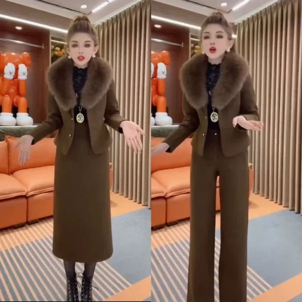 洋气修身毛领外套阔腿裤冬季显瘦套装女2025新款秋冬时尚套装女装