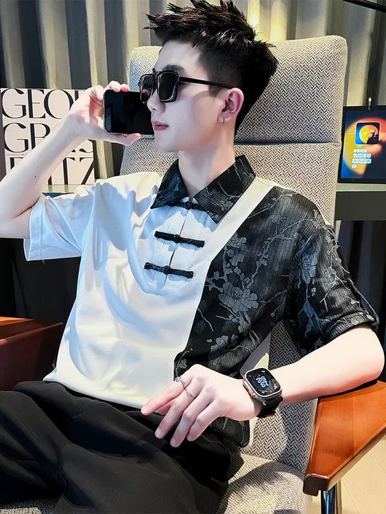 衬衫领POLO衫男士短袖夏季冰丝高级感新中式男装中国风五分袖T恤