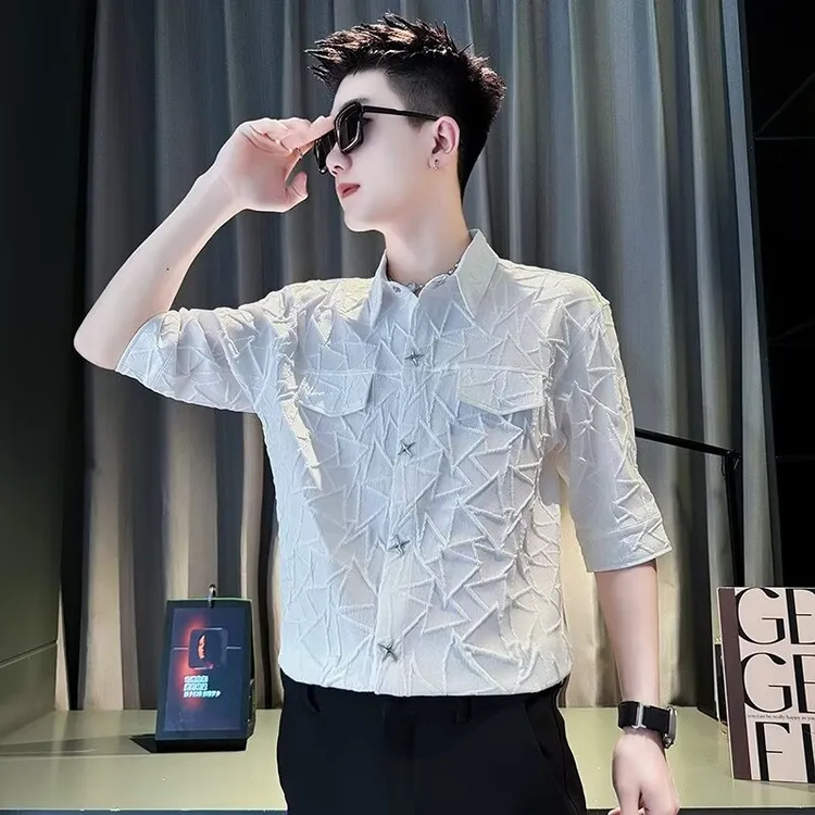 痞帅七分袖男衬衫短袖夏季冰丝男装2024新款夏装衬衣提花衣服男款