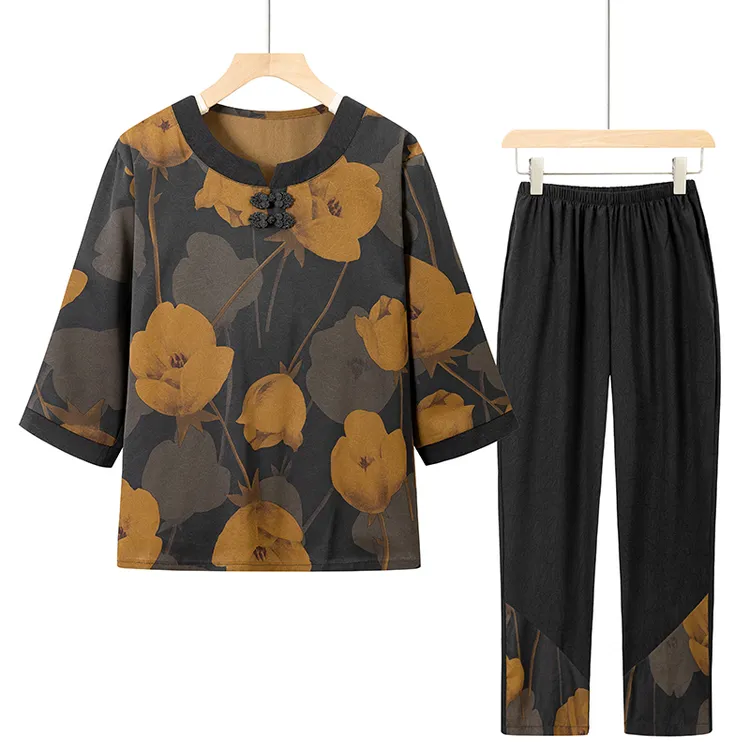 妈妈夏季套装中老年女装奶奶装仿真丝中袖薄款女老人太太宽松衣服