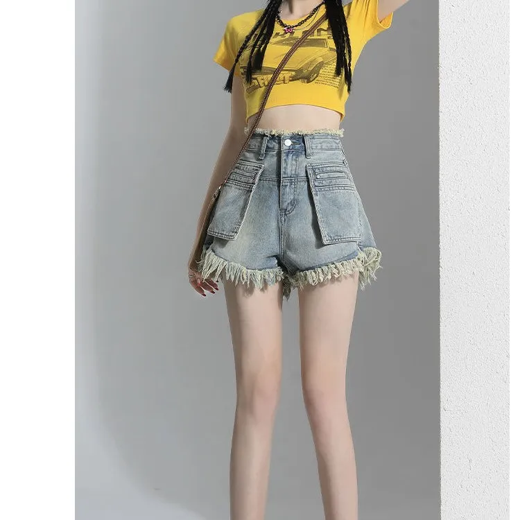 牛仔短裤女高腰夏季2025年新款宽松a字流苏显瘦辣妹设计感热裤子