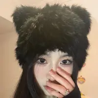 秋冬黑色小熊耳朵兔毛帽子女可爱毛绒包头帽防寒保暖针织帽皮草帽