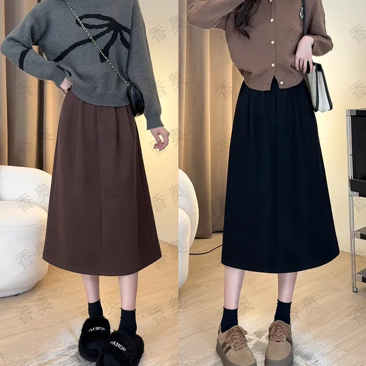 新款秋冬半身裙显瘦高腰中长款A字气质春秋百搭黑色复古韩版裙子