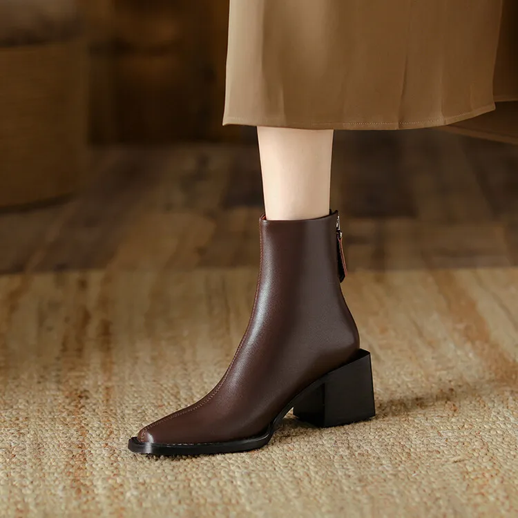 6CM 【里外全皮】复古粗跟小方头牛皮后拉链粗跟显瘦百搭时尚短靴子