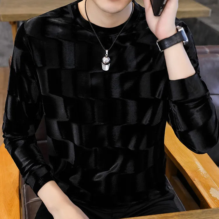 秋冬装男士金丝绒卫衣长袖水波纹打底衫圆领T恤宽松休闲大码青年